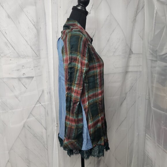 Logo Green Plaid Lace Chambray Modal Button Down Tunic Blouse Size 6 - Picture 6 of 13